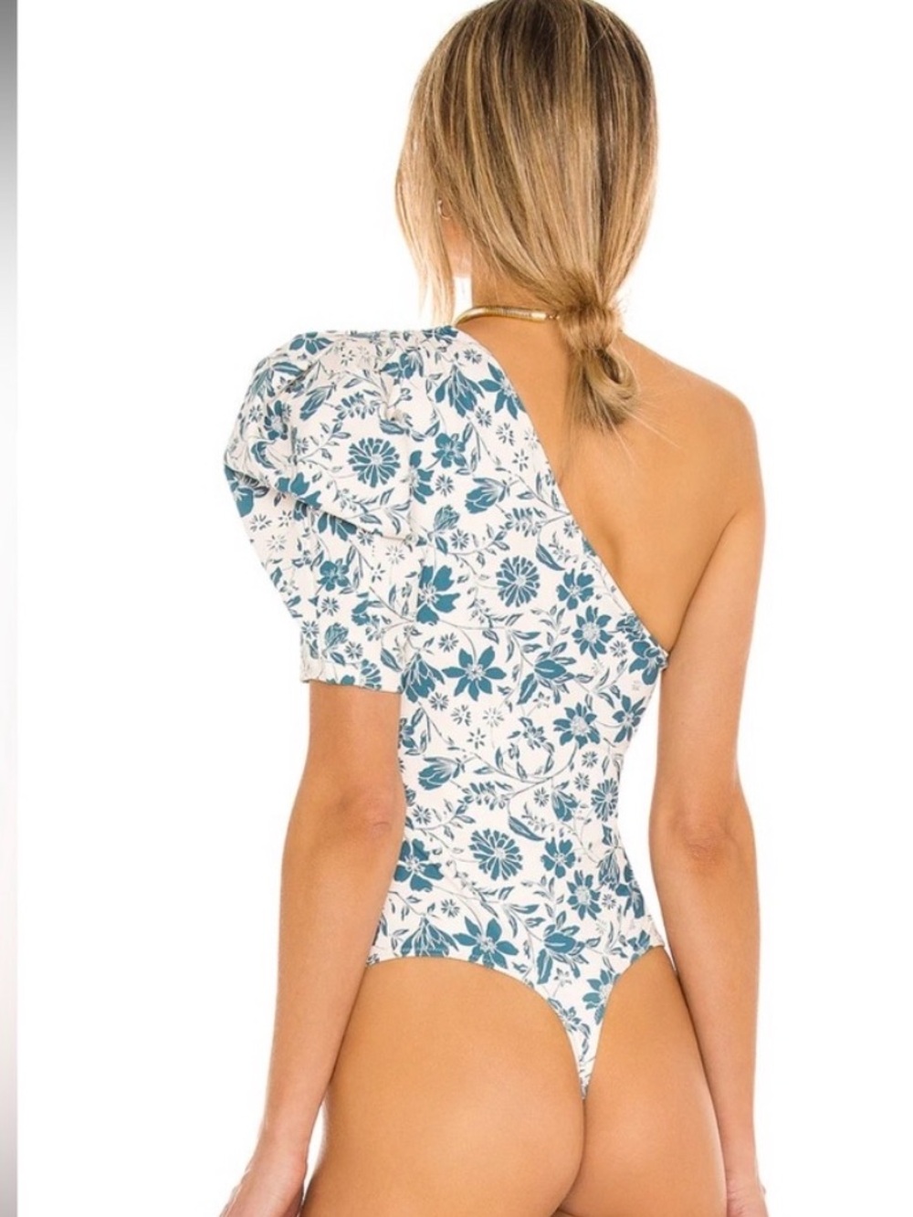 Free People Intimately Puff Sleeve One Sleeve Blue and White Floral Bodysuit XS - Picture 10 of 12